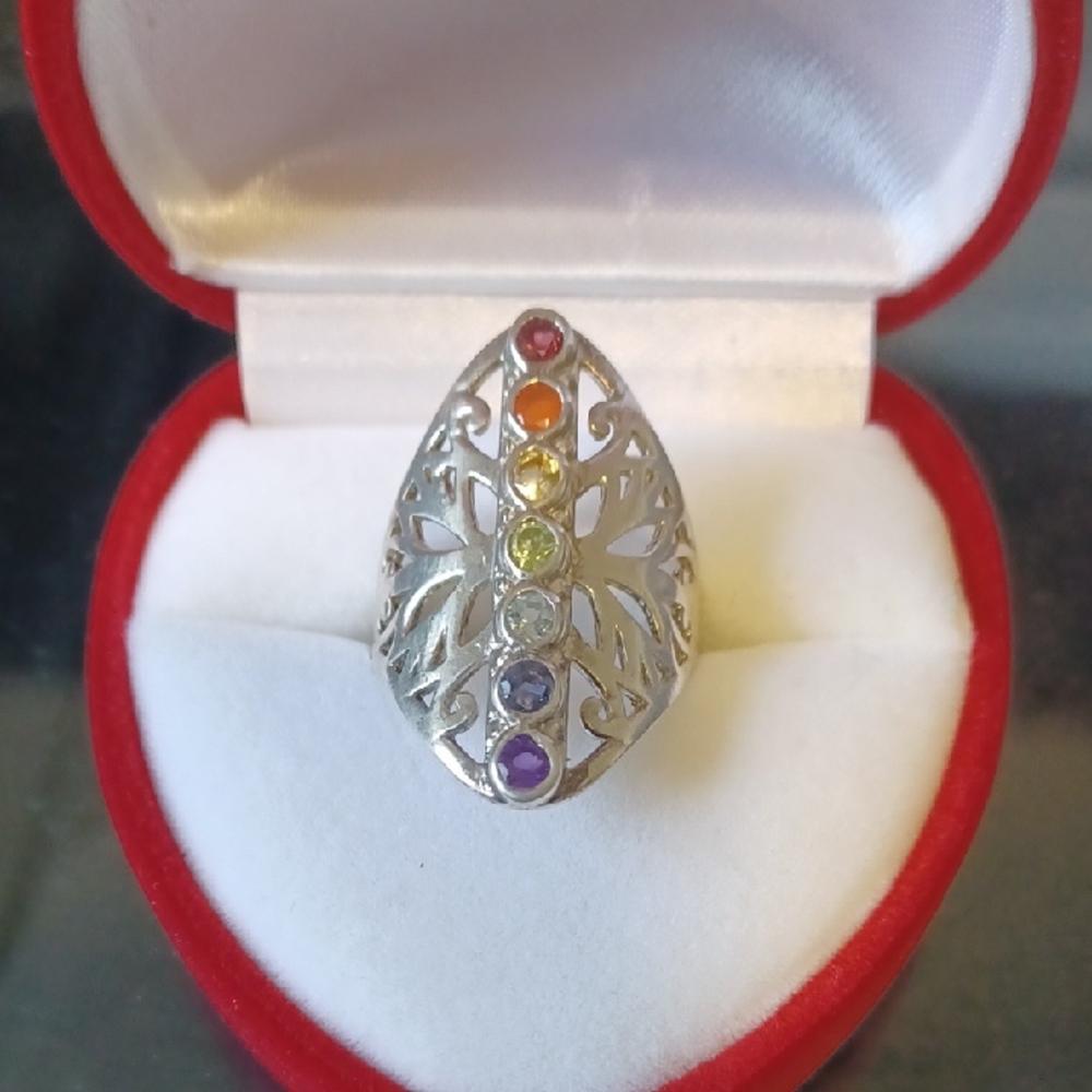 Sterling Silver 7 Chakra Natural Gemstone Ring